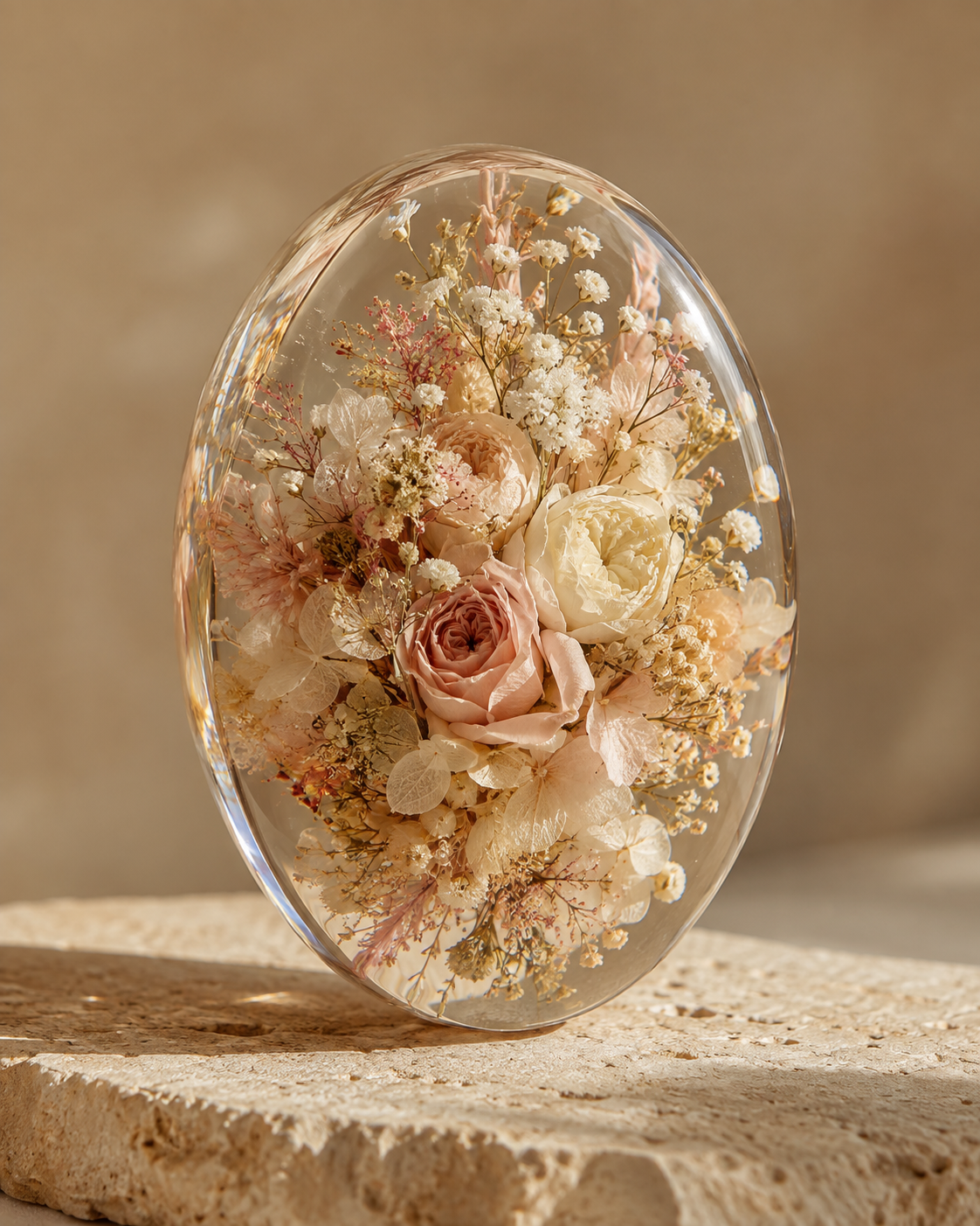 Flores delicadas preservadas em uma peça de resina cristalina